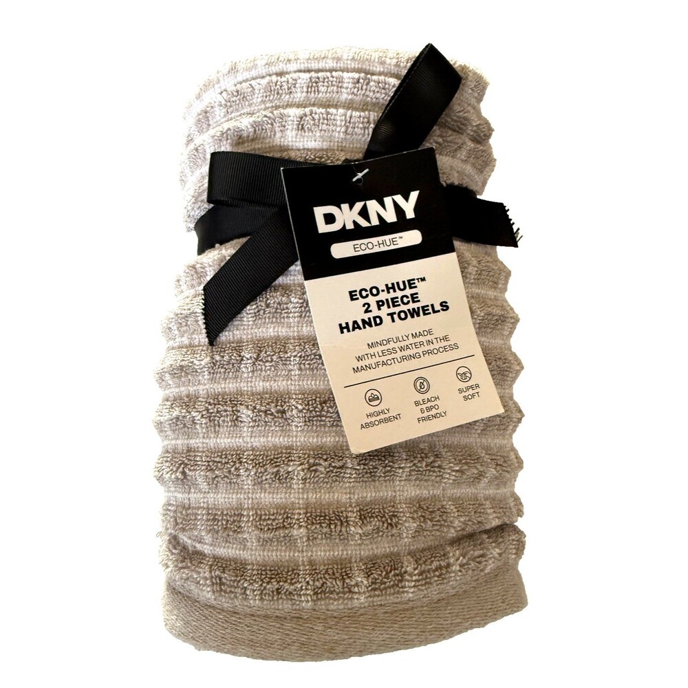 DKNY Hand Towels Beige White Windowpane 100% Cotton 18x28 Super Soft Set of 2